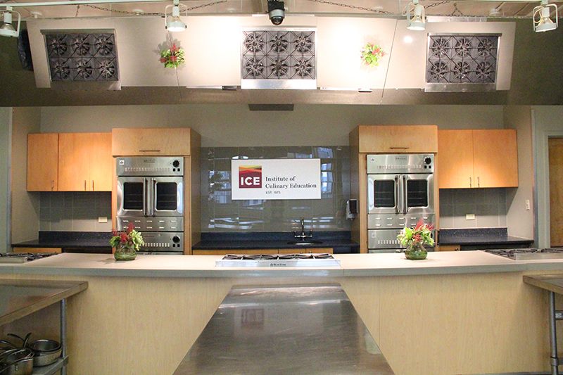 Teaching mirrors installed above a commercial kitchen at the Institute of Culinary Education in New York City