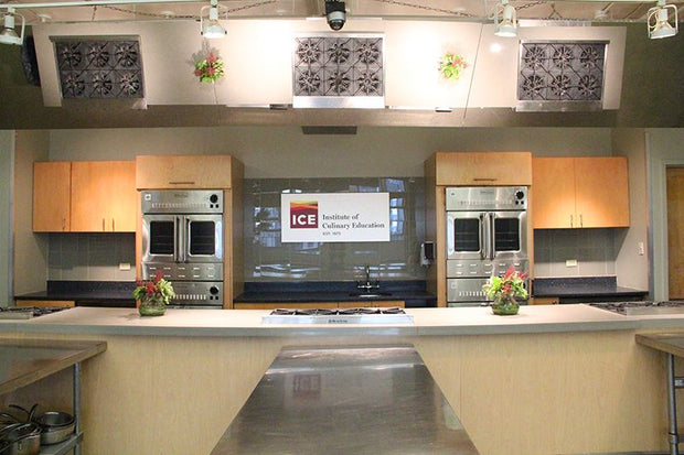 Teaching mirrors installed above a commercial kitchen at the Institute of Culinary Education in New York City