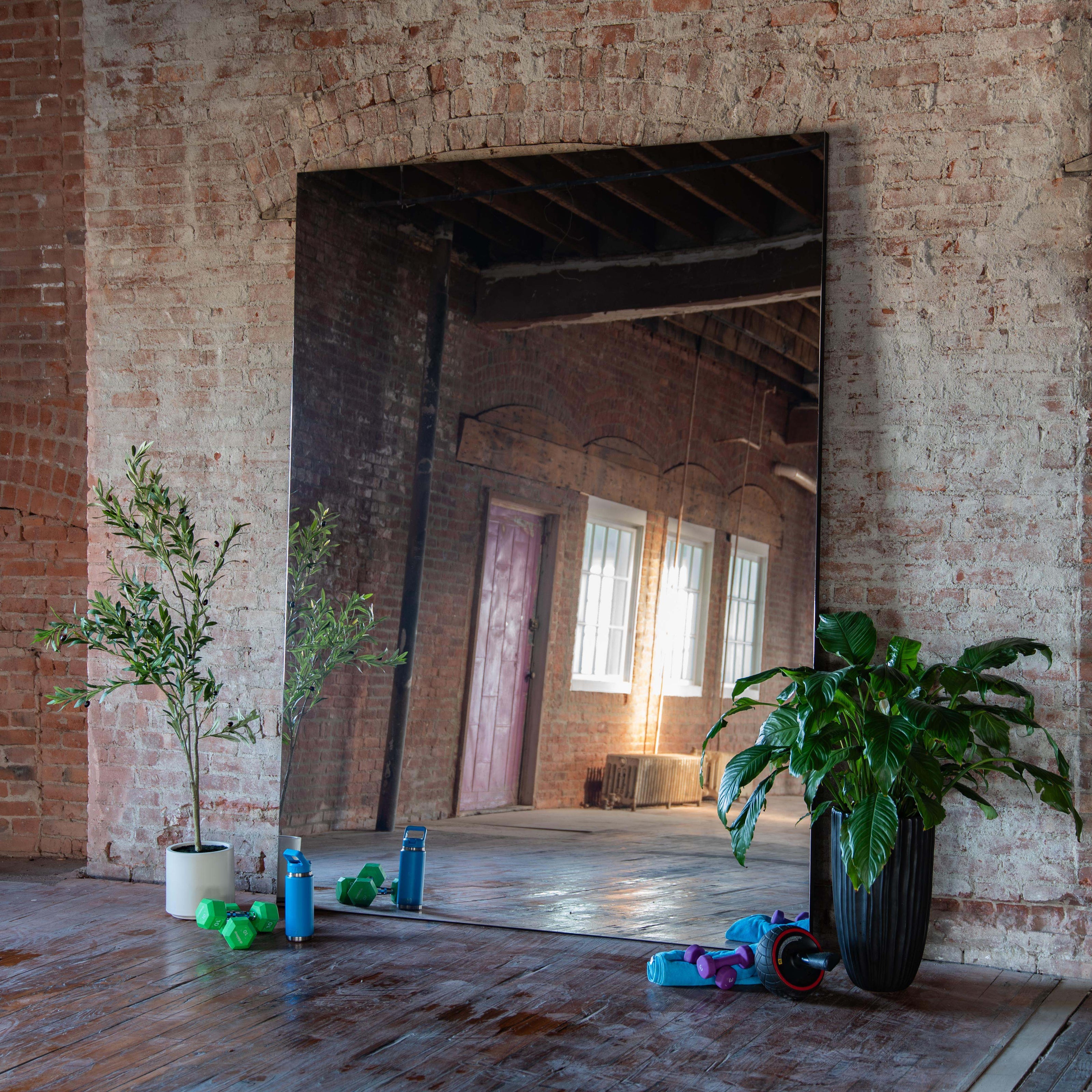 Large mirror on a brick wall with plants and exercise equipment in a room.