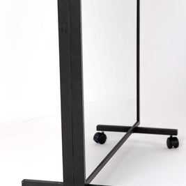 Close up of double-sided LiteMirror with black wood frame and portable rolling stands on white background