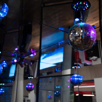 Discoball hanging from the mirrored photobooth