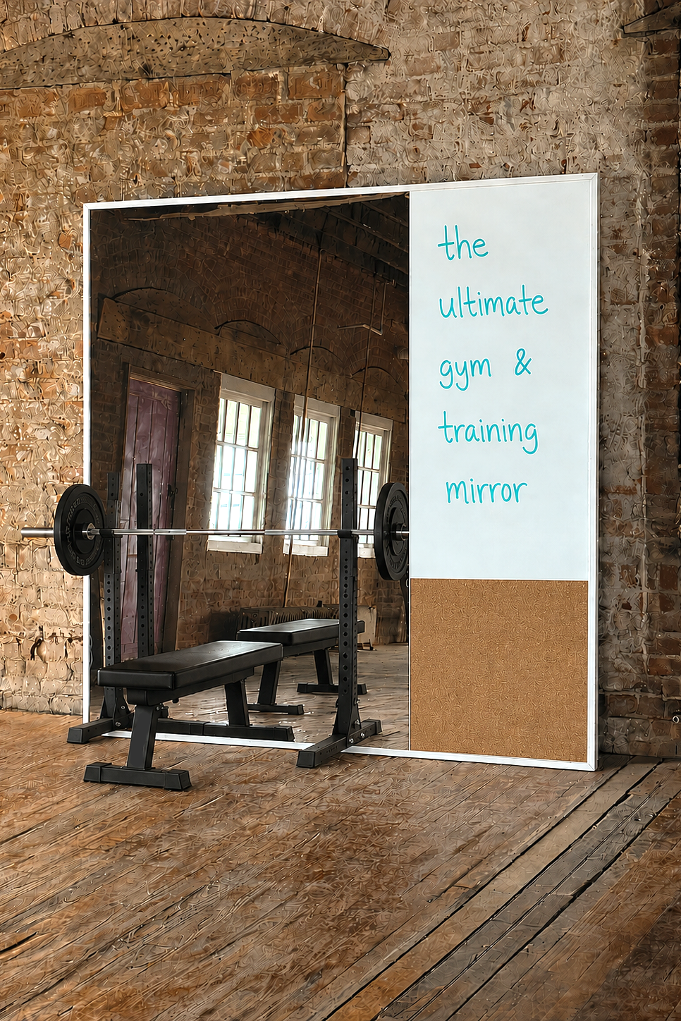 Gym mirror featuring integrated whiteboard and cork panel with weightlifting equipment against a brick wall.