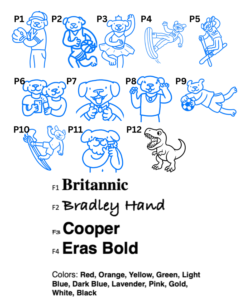 Set of 12 line drawings labeled P1 to P12 with text indicating font and color choices.
