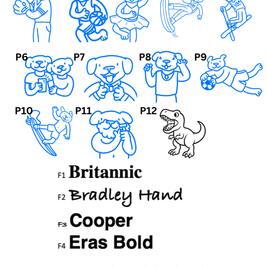 Set of 12 line drawings labeled P1 to P12 with text indicating font and color choices.