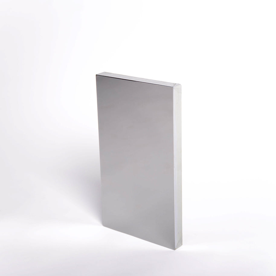 Rectangular silver mirror sample on a white background