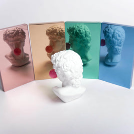 White ceramic bust in front of four film color samples with bust reflection on white background