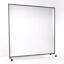 Portable mirror with whiteboard backing on wheels with black frame against a white background