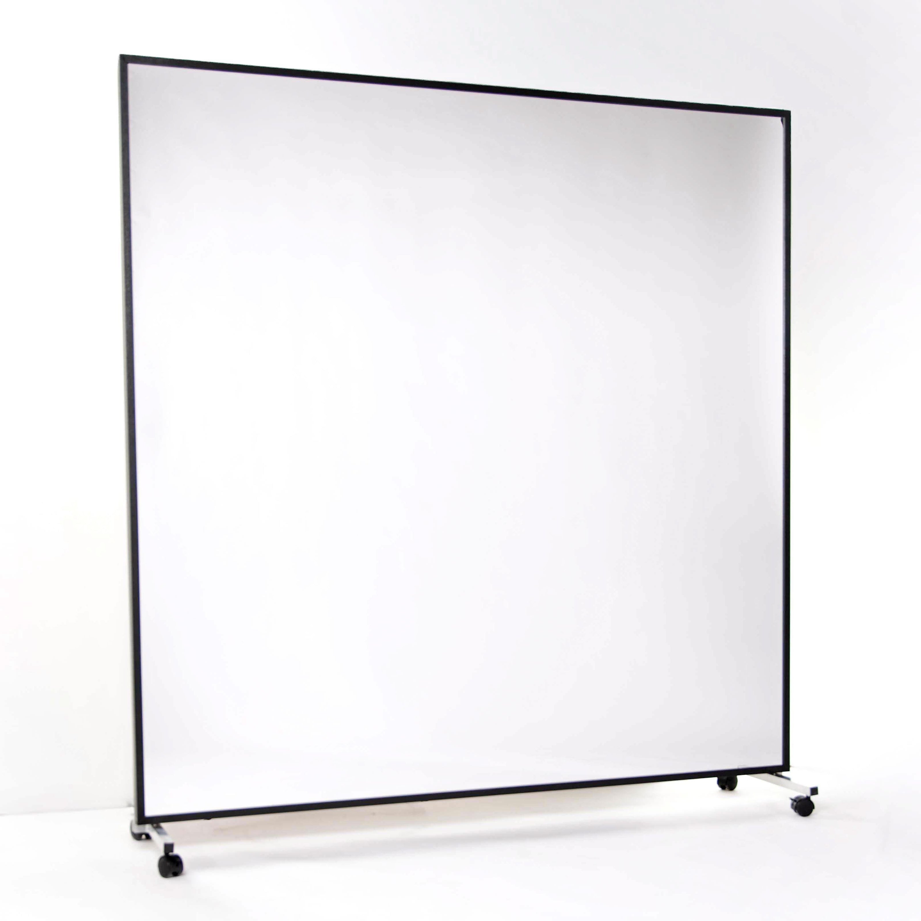 Portable mirror with whiteboard backing on wheels with black frame against a white background