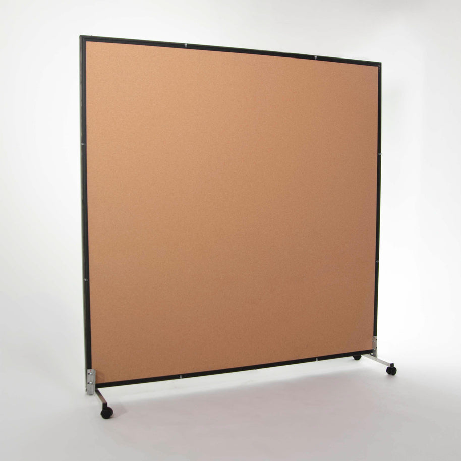 Portable LiteMirror with cork backing on black rolling stands on a white background