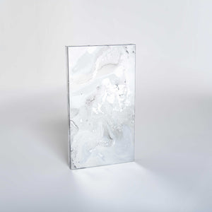 Rectangular LiteMirror with a marble-like, silver antique patina on a white background